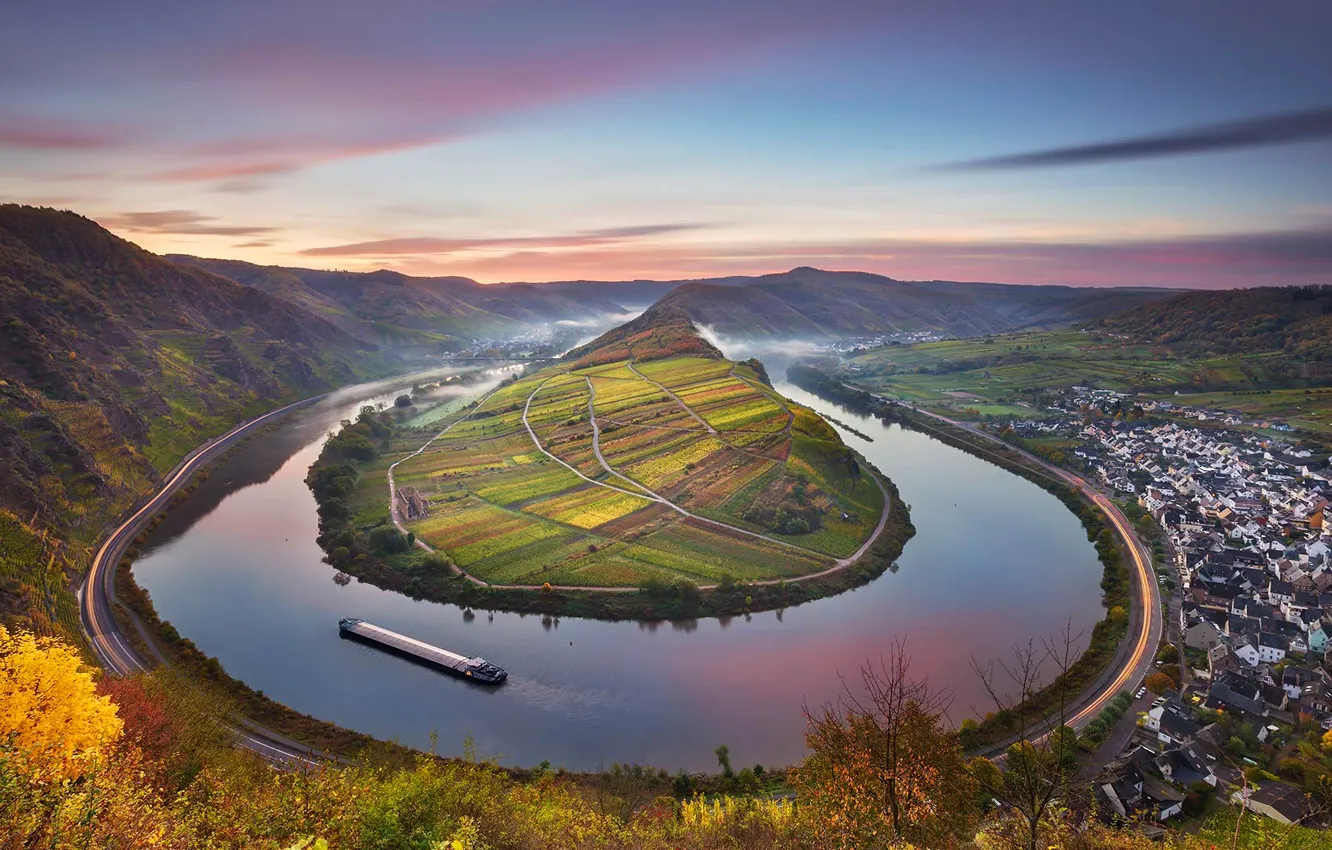 Photo wallpaper autumn, mountains, nature, Germany, barge, the river Moselle, Bremm, Rhineland-Palatinate