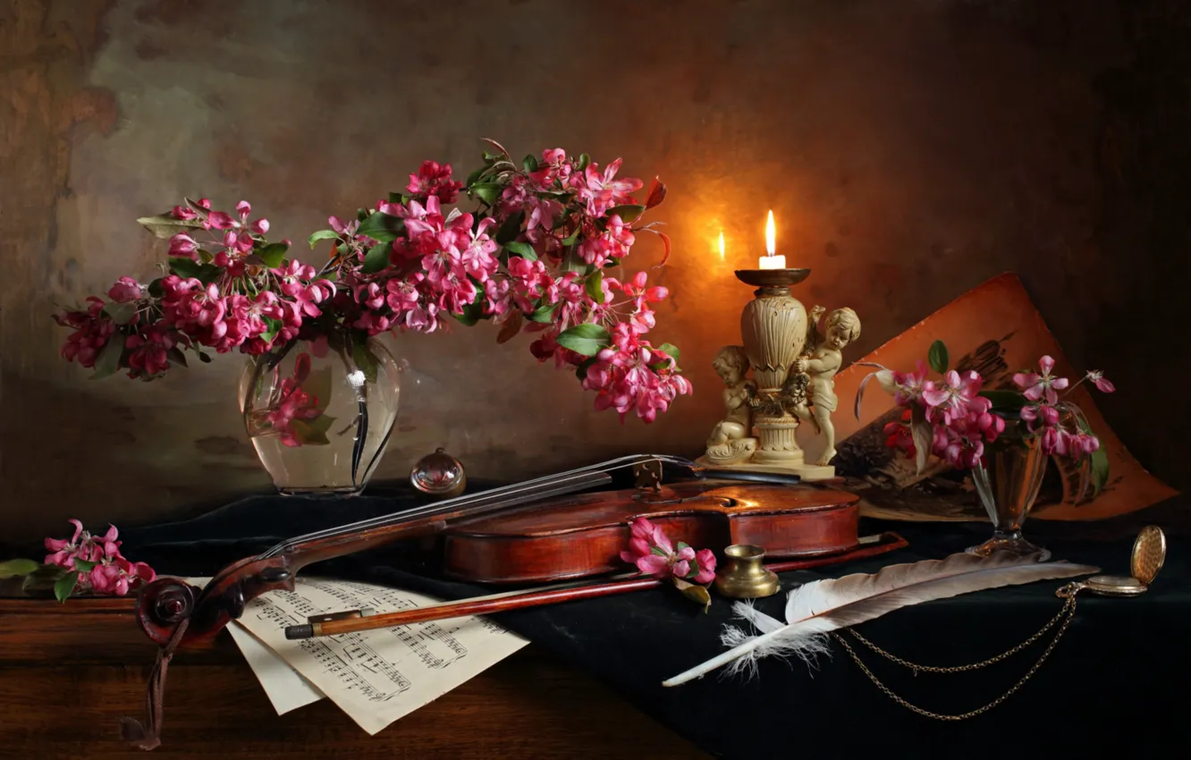 Photo wallpaper flowers, notes, pen, violin, candle, vase
