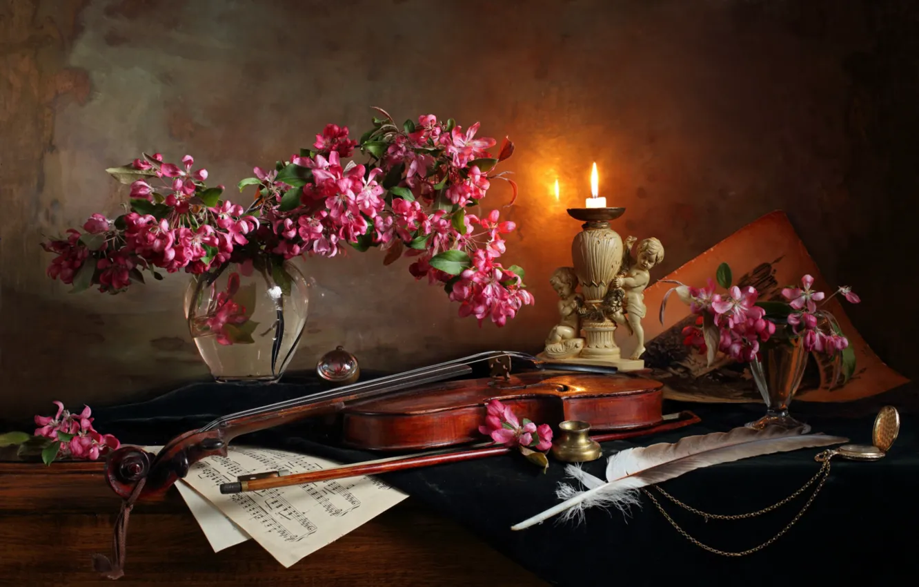 Photo wallpaper flowers, notes, violin, candles, feathers, vase