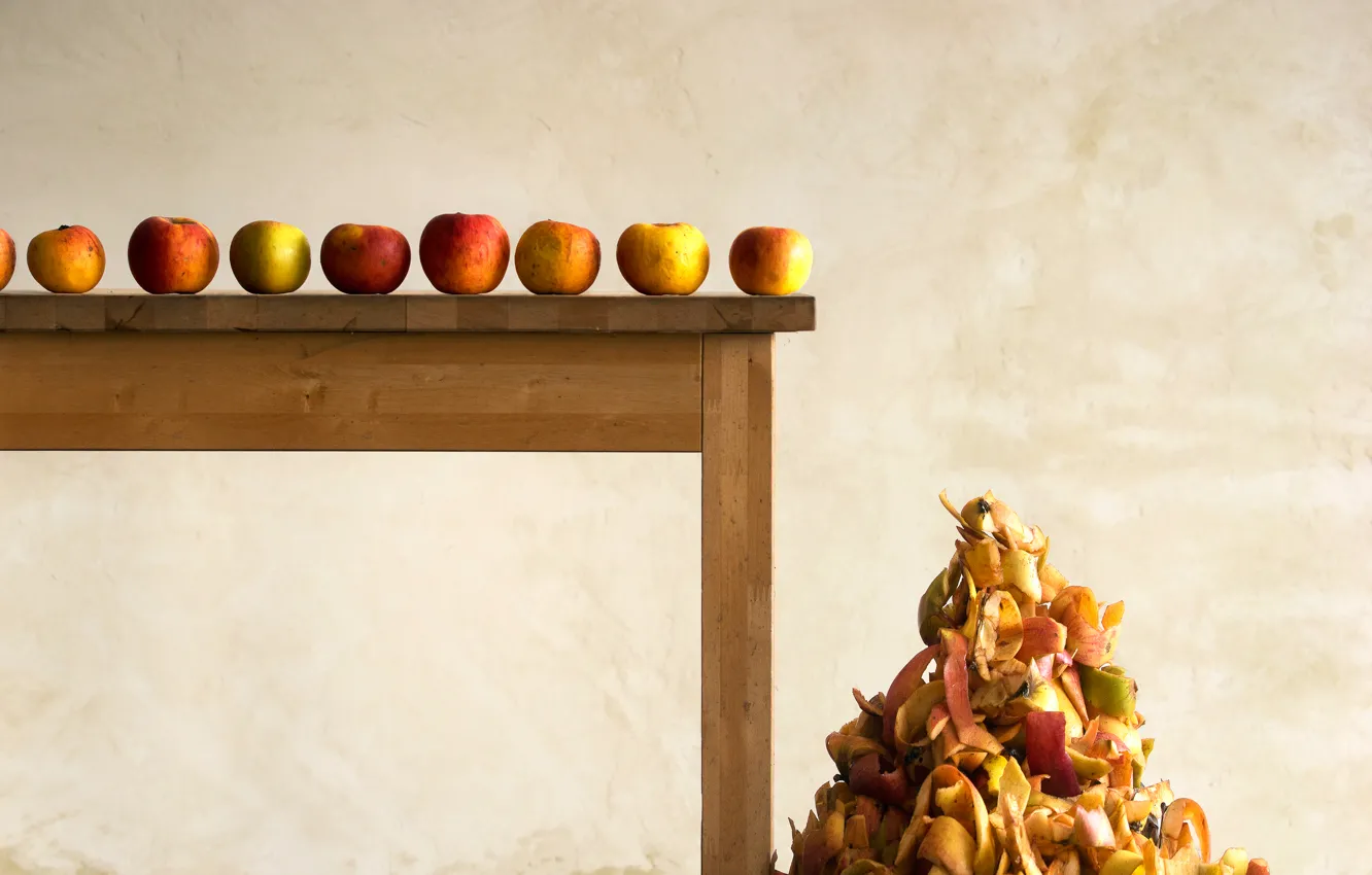 Photo wallpaper table, apples, peel