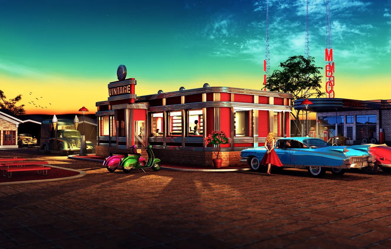 Photo wallpaper machine, the sky, girl, lights, vintage, diner