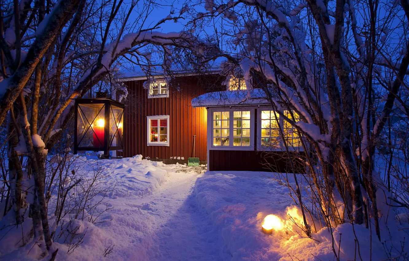 Photo wallpaper light, snow, house, Winter, lights