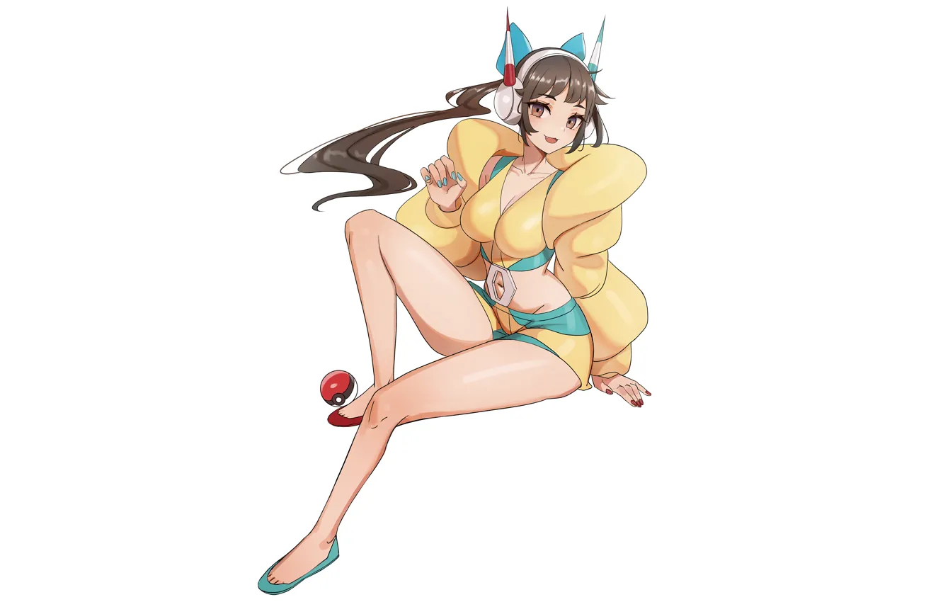 Photo wallpaper girl, sexy, cleavage, shorts, blouse, long hair, brown hair, brown eyes