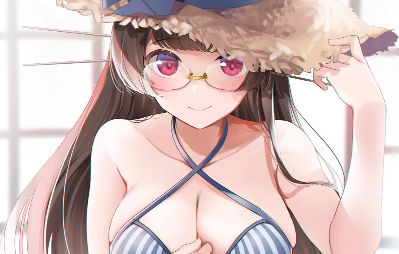 Photo wallpaper girl, sexy, cleavage, long hair, brown hair, boobs, anime, beautiful