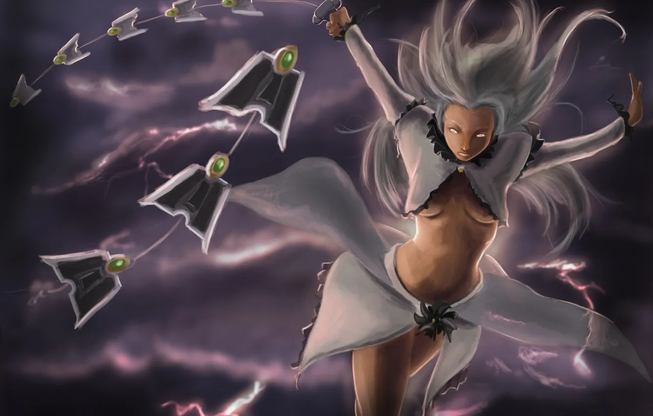 Photo wallpaper girl, weapons, lightning, art, white hair, thread, League of Legends, Gale