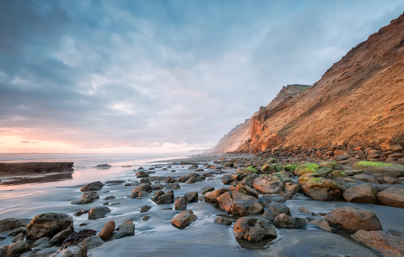Photo wallpaper sea, the sky, clouds, mountains, stones, rocks