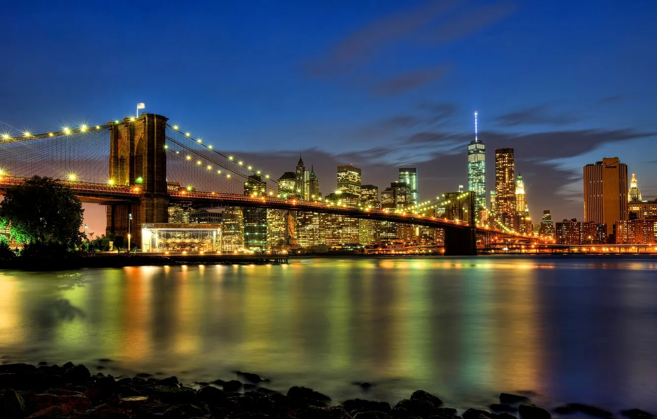 Photo wallpaper the sky, clouds, night, the city, lights, river, New York, skyscrapers