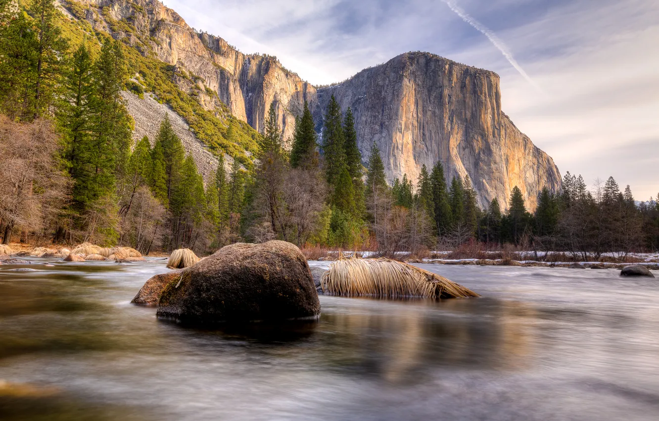 Photo wallpaper the sky, clouds, trees, mountains, lake, stone, Yosemite, National Park