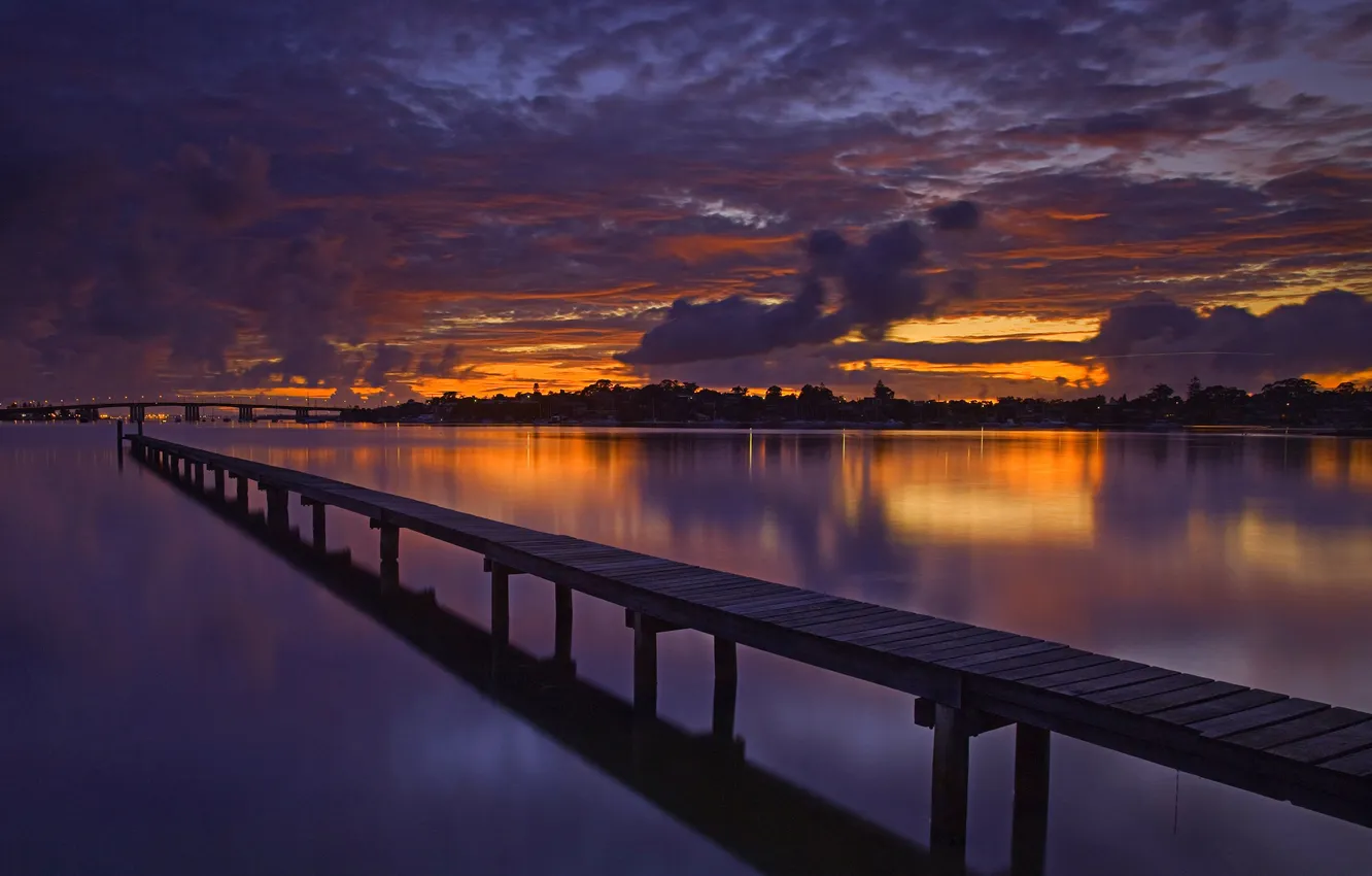 Photo wallpaper the sky, clouds, sunset, bridge, river, the evening