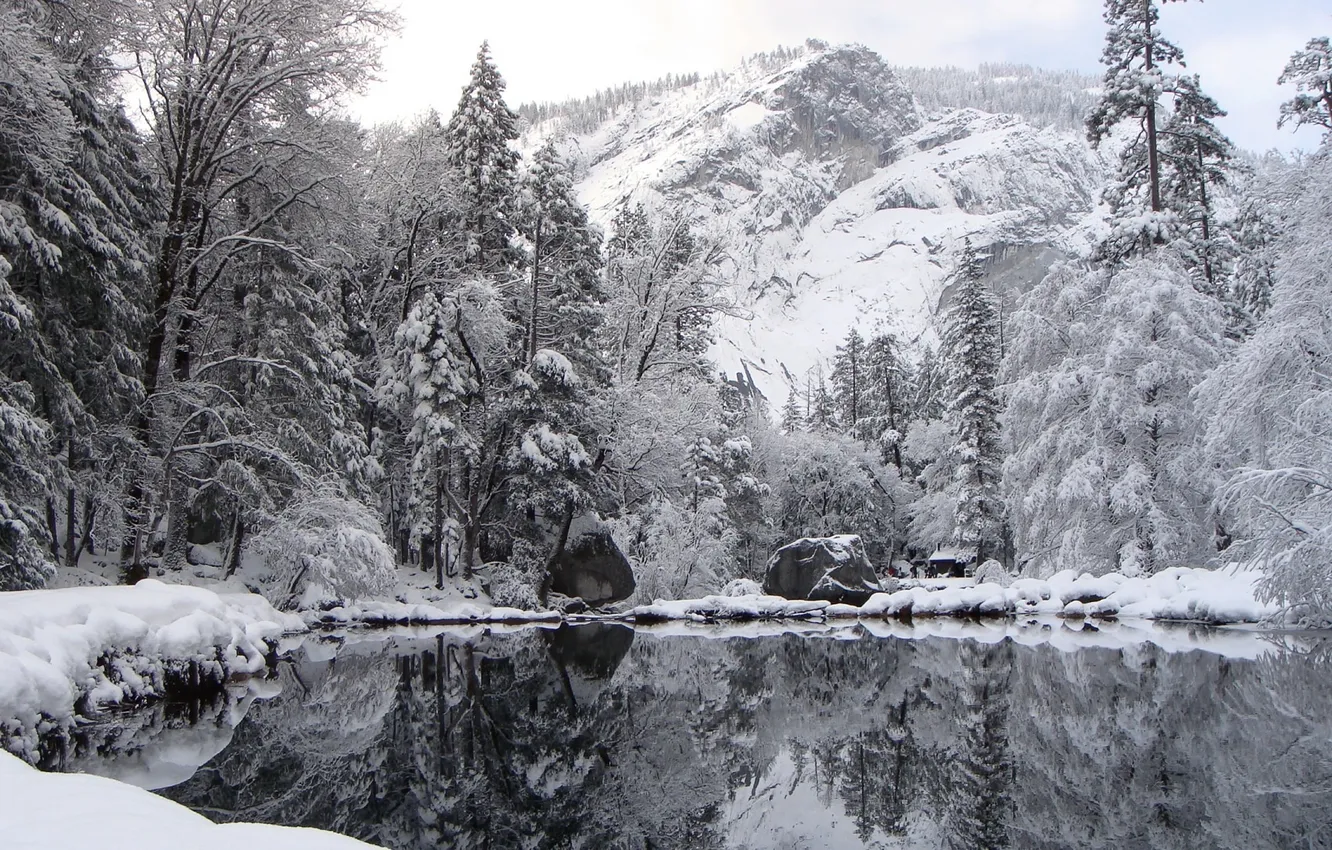 Photo wallpaper winter, snow, mountains, lake, reflection, winter nature