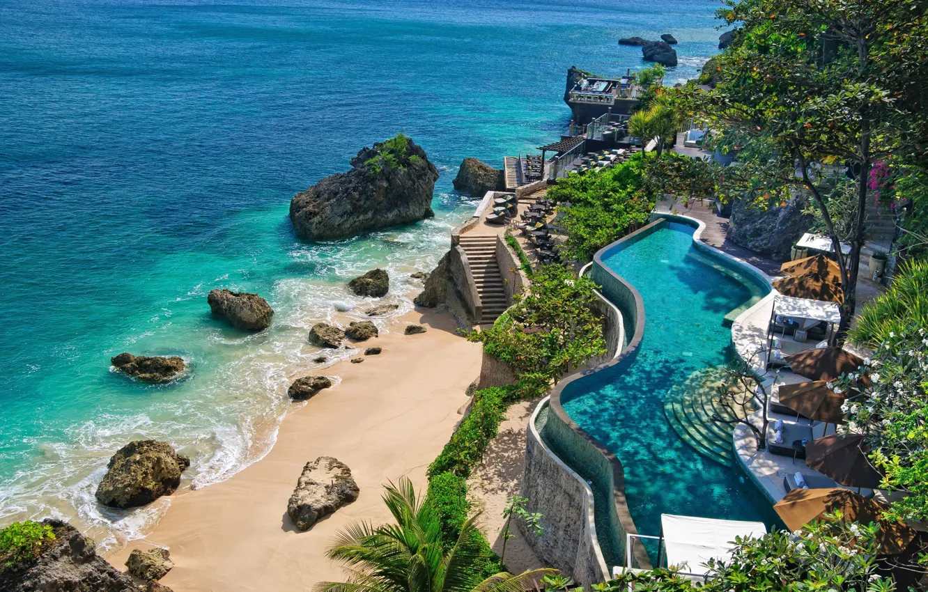 Photo wallpaper sea, stones, pool, Bali, Indonesia, the hotel