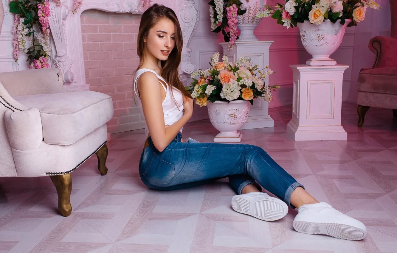 Photo wallpaper girl, beautiful, jeans, sneakers