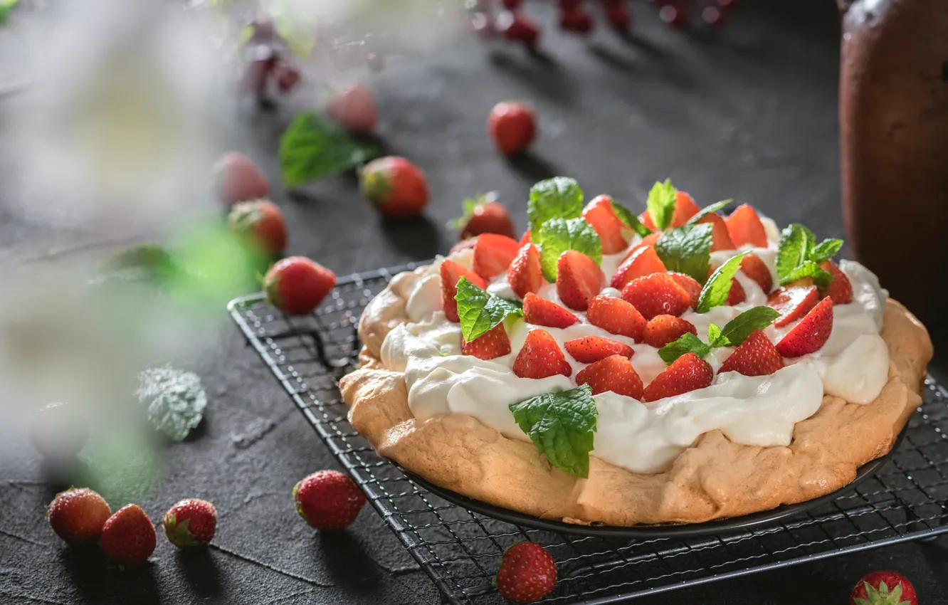 Photo wallpaper berries, table, strawberry, pie, placer, grey background, mint, cream
