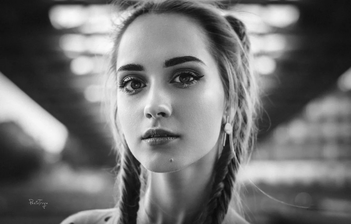 Photo wallpaper girl, close-up, face, portrait, makeup, hairstyle, black and white, braids