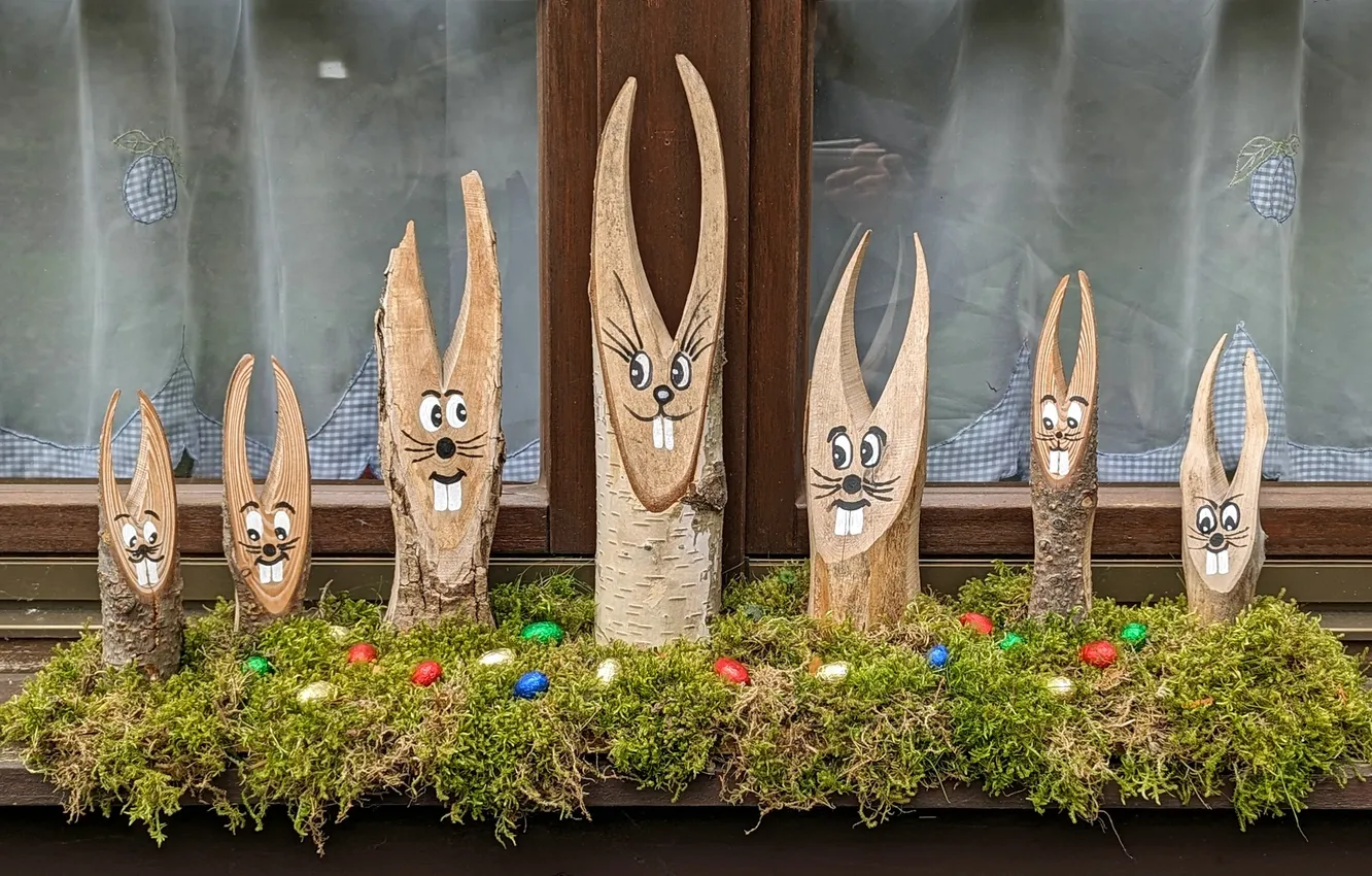 Photo wallpaper rabbit, eggs, window, DIY, Easter