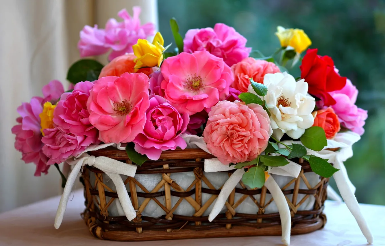 Photo wallpaper roses, petals, basket