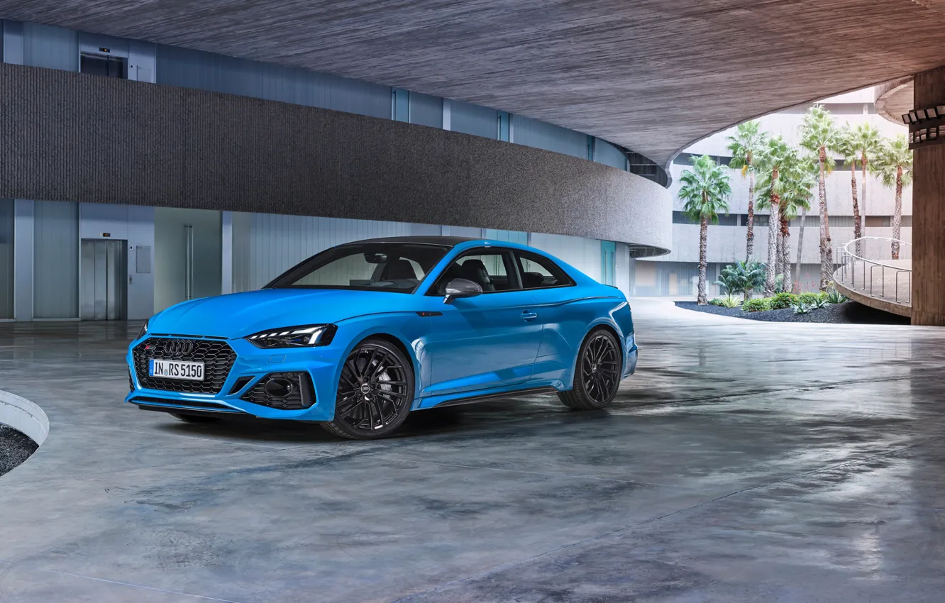 Photo wallpaper car, machine, Audi, lights, building, wheel, RS5, blue