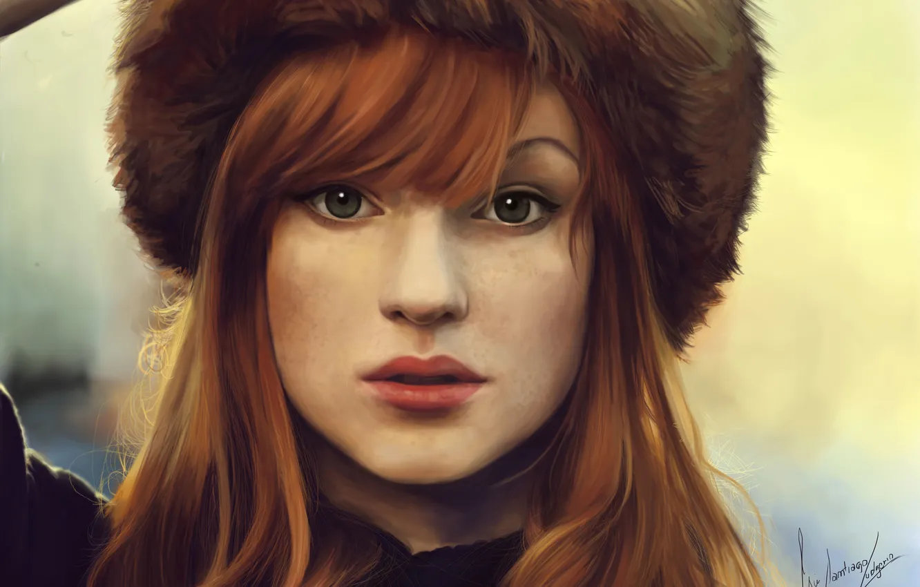 Photo wallpaper look, girl, hat, portrait, art, freckles, red