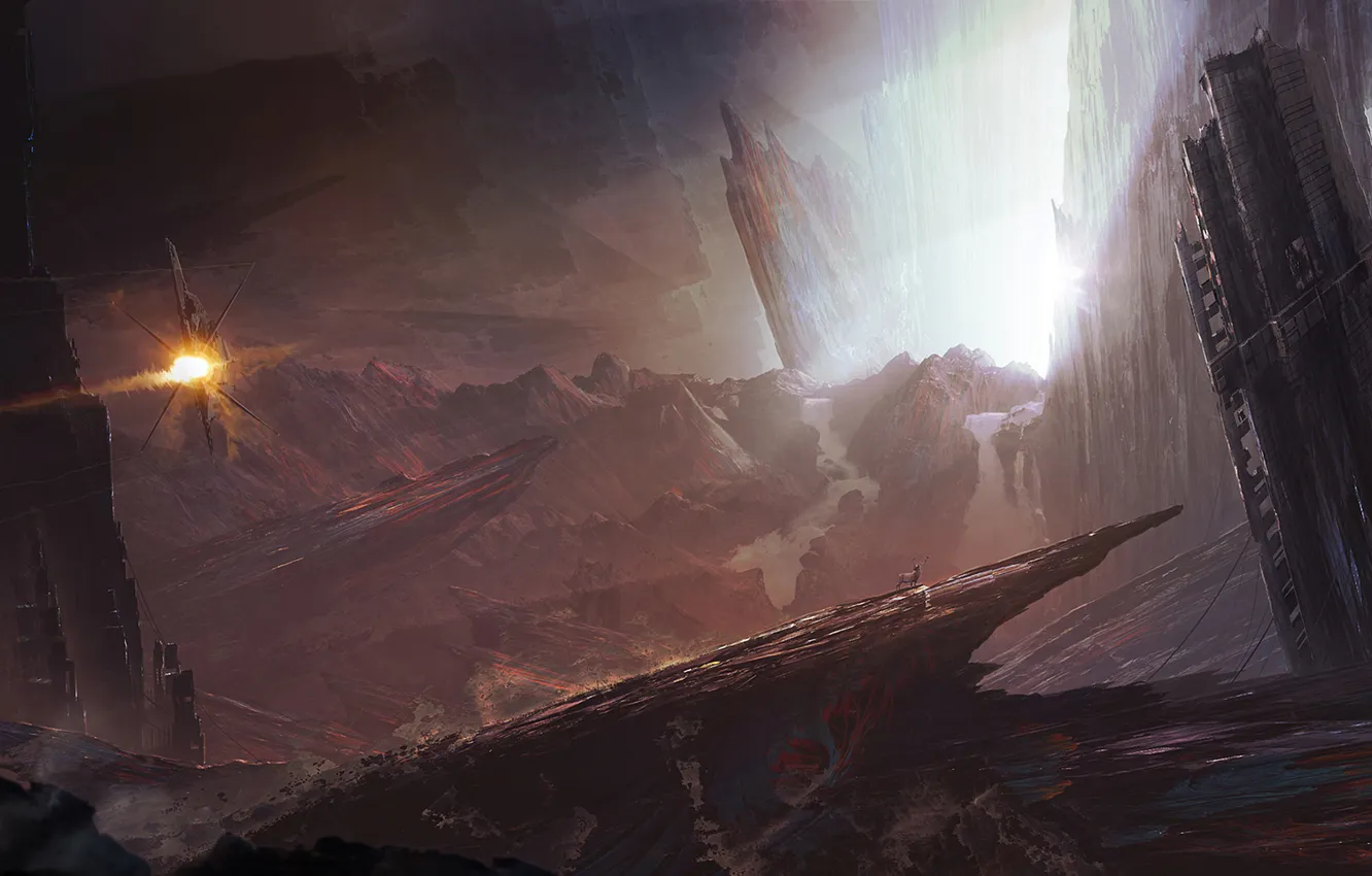 Photo wallpaper light, mountains, fiction, home, deer, art, spaceship