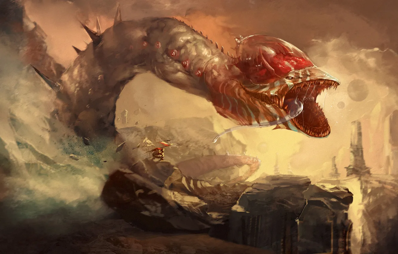 Photo wallpaper language, mountains, people, monster, teeth, flag, mouth, serpentine