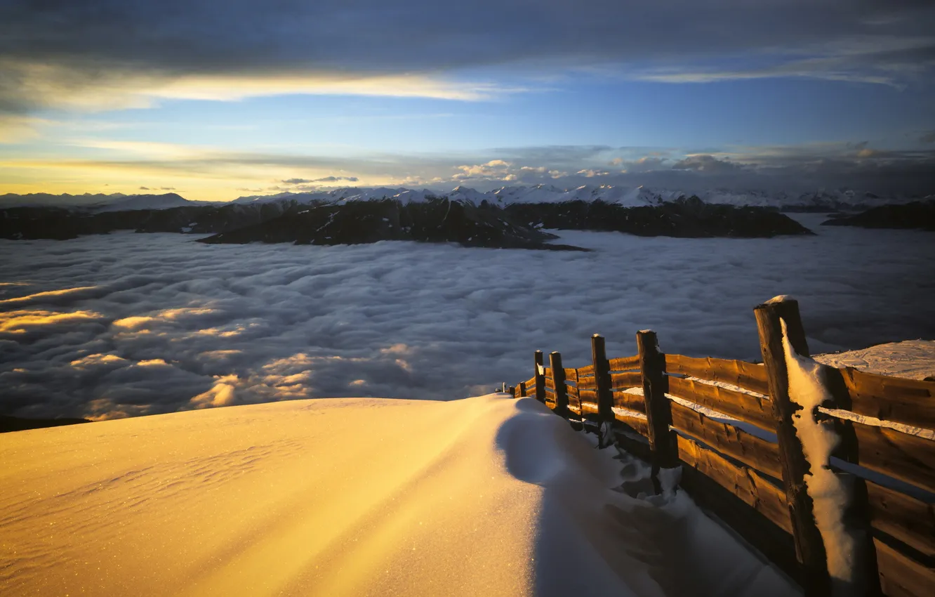 Photo wallpaper clouds, mountains, the fence, morning
