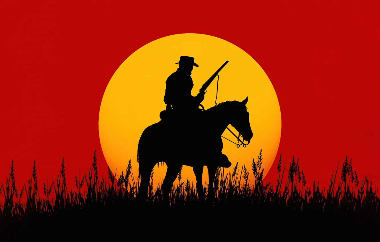 Photo wallpaper the game, game, sunset, sunset, Red Dead Redemption, silhouette, Rockstar San Diego, lonely cowboy