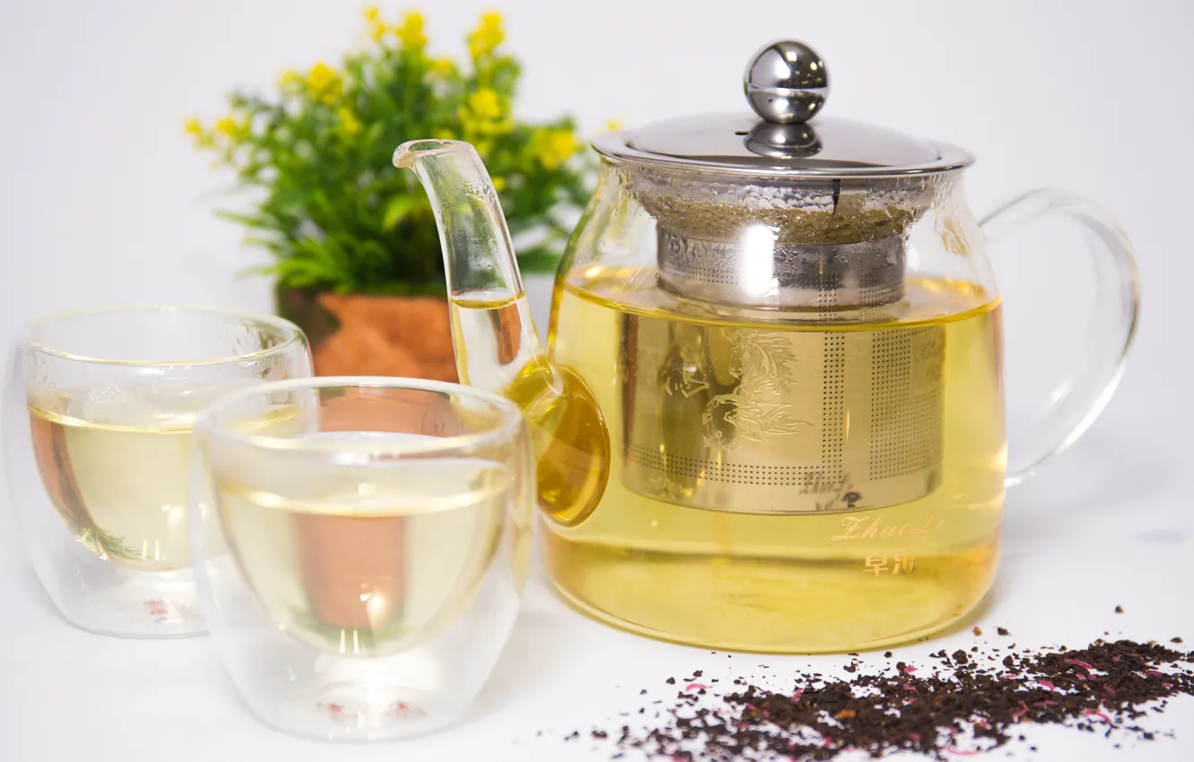 Photo wallpaper glass, flowers, green, tea, bouquet, kettle, pair, the tea party
