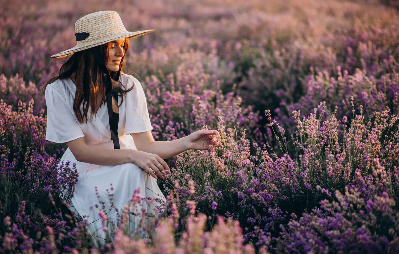 Photo wallpaper girl, flowers, portrait, hat, lavender, lavender field