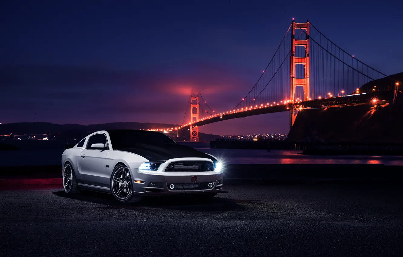 Photo wallpaper Mustang, Ford, Muscle, Car, Front, Bridge, White, Collection