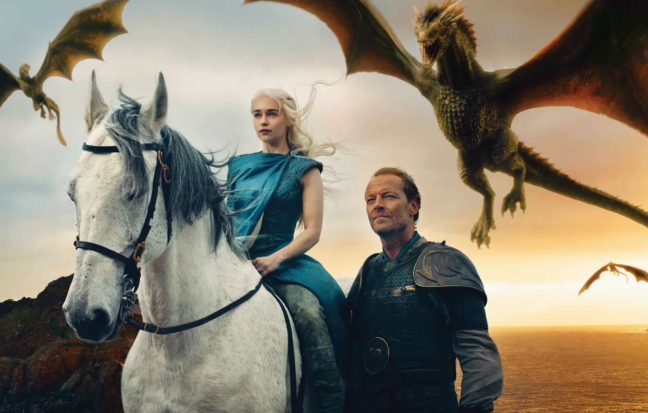 Photo wallpaper dragons, Game of Thrones, Emilia Clarke, Daenerys Targaryen, Iain Glen, Jorah Mormont
