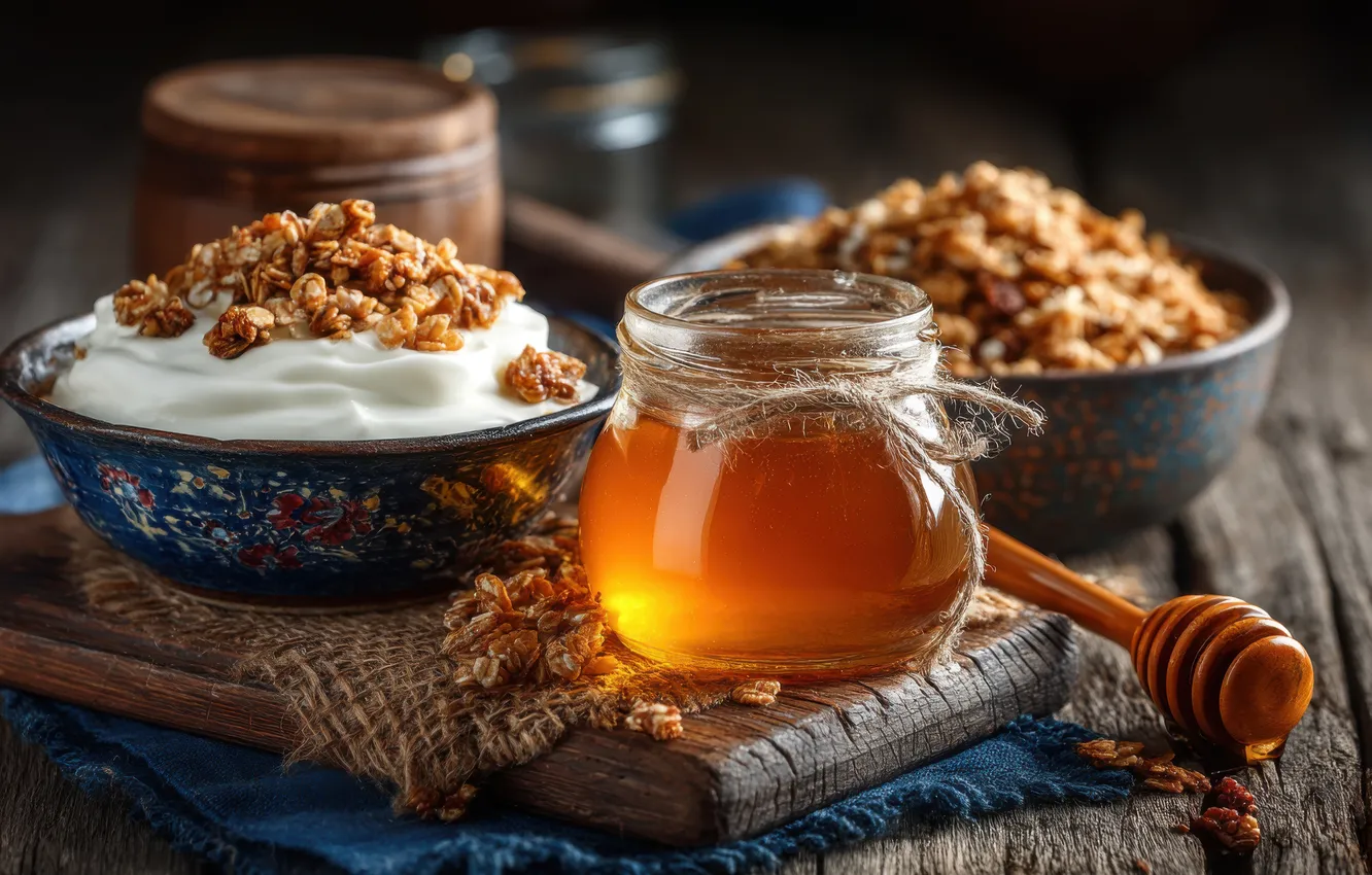Photo wallpaper table, honey, Bank, bowl, nuts, cream, burlap, sour cream