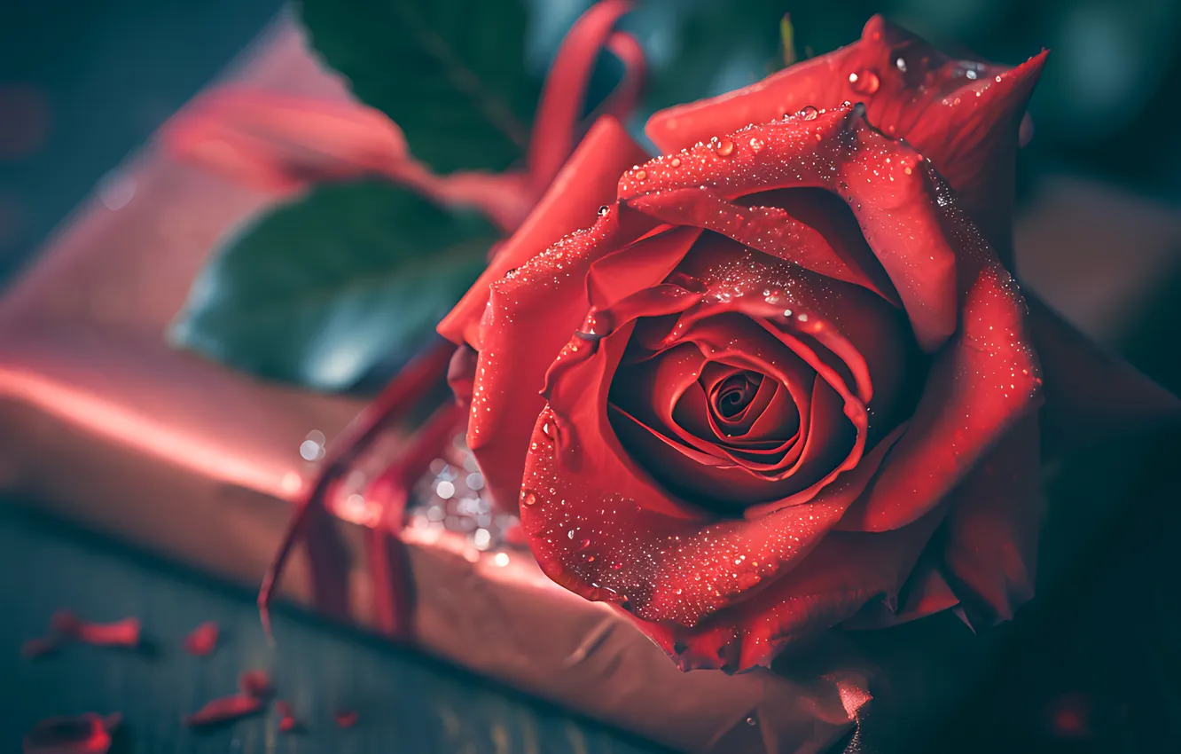 Photo wallpaper drops, macro, flowers, red, the dark background, holiday, gift, Board