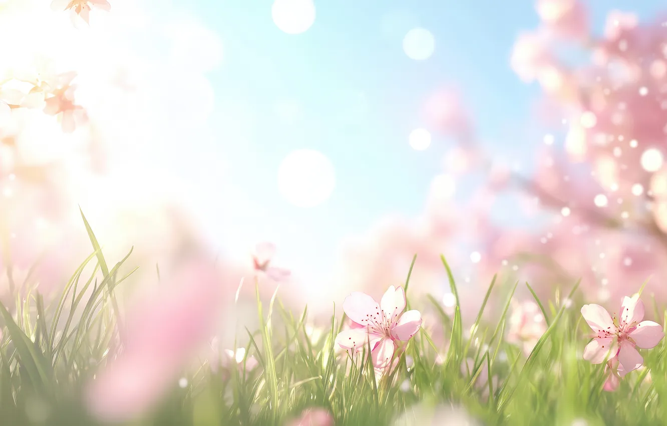 Photo wallpaper the sky, grass, light, flowers, glade, blur, texture, spring