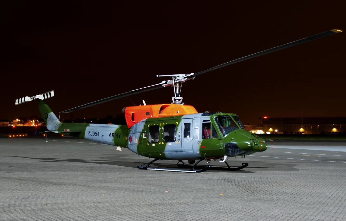 Photo wallpaper night, lights, helicopter, the airfield, multipurpose, Agusta-Bell AB 212