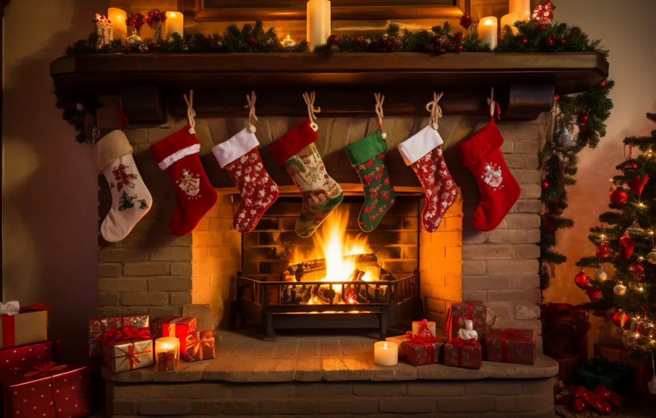 Photo wallpaper lights, comfort, heat, room, flame, furniture, new year, home