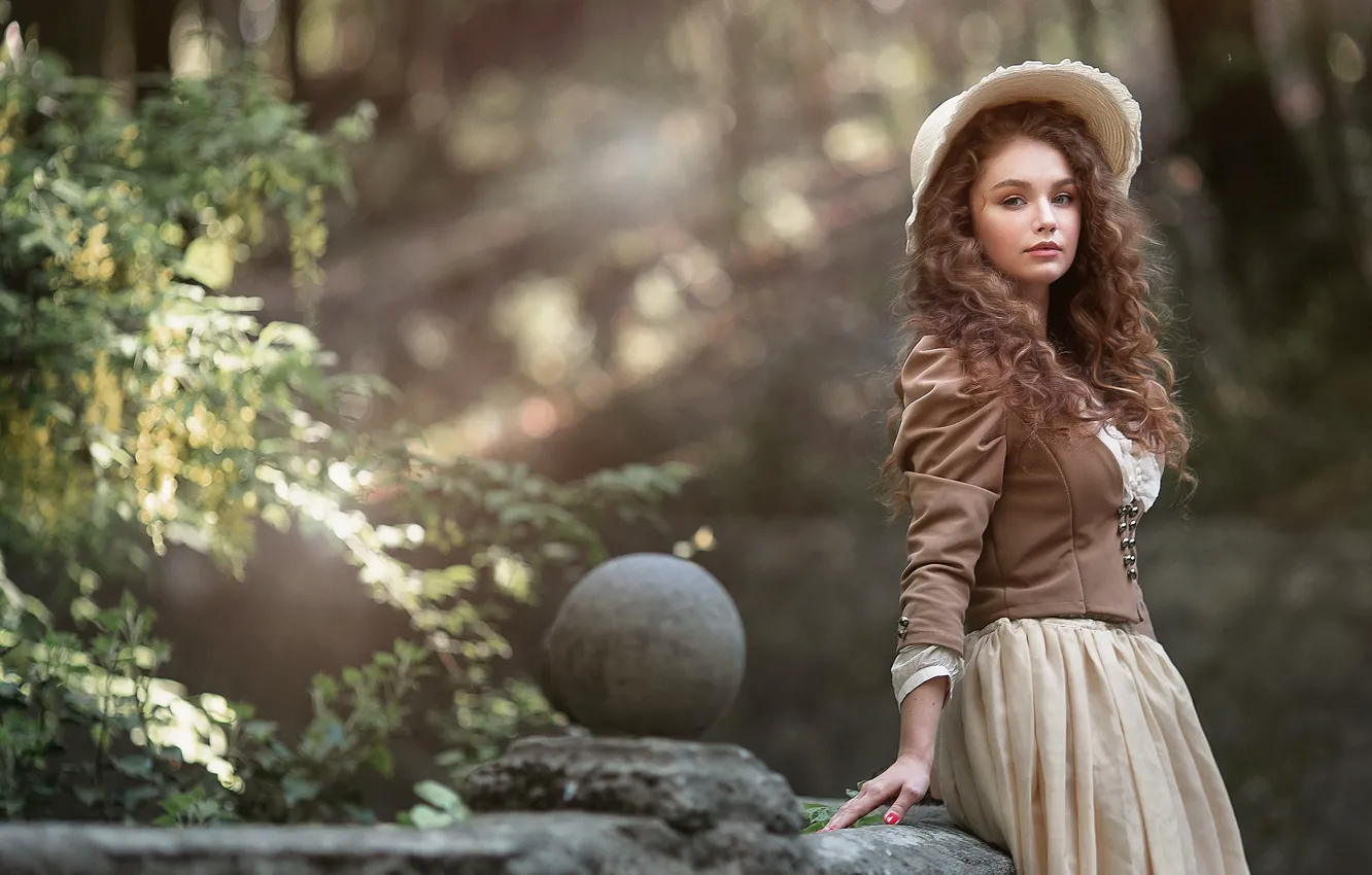 Photo wallpaper look, girl, nature, skirt, hat, brown hair, jacket, curls
