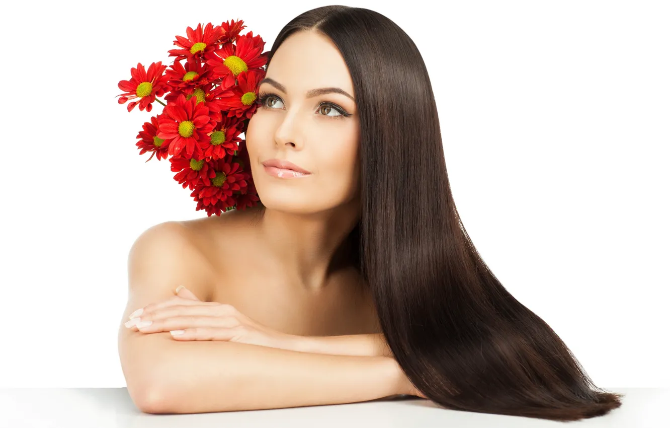 Photo wallpaper flowers, red, pose, smile, portrait, makeup, hairstyle, white background