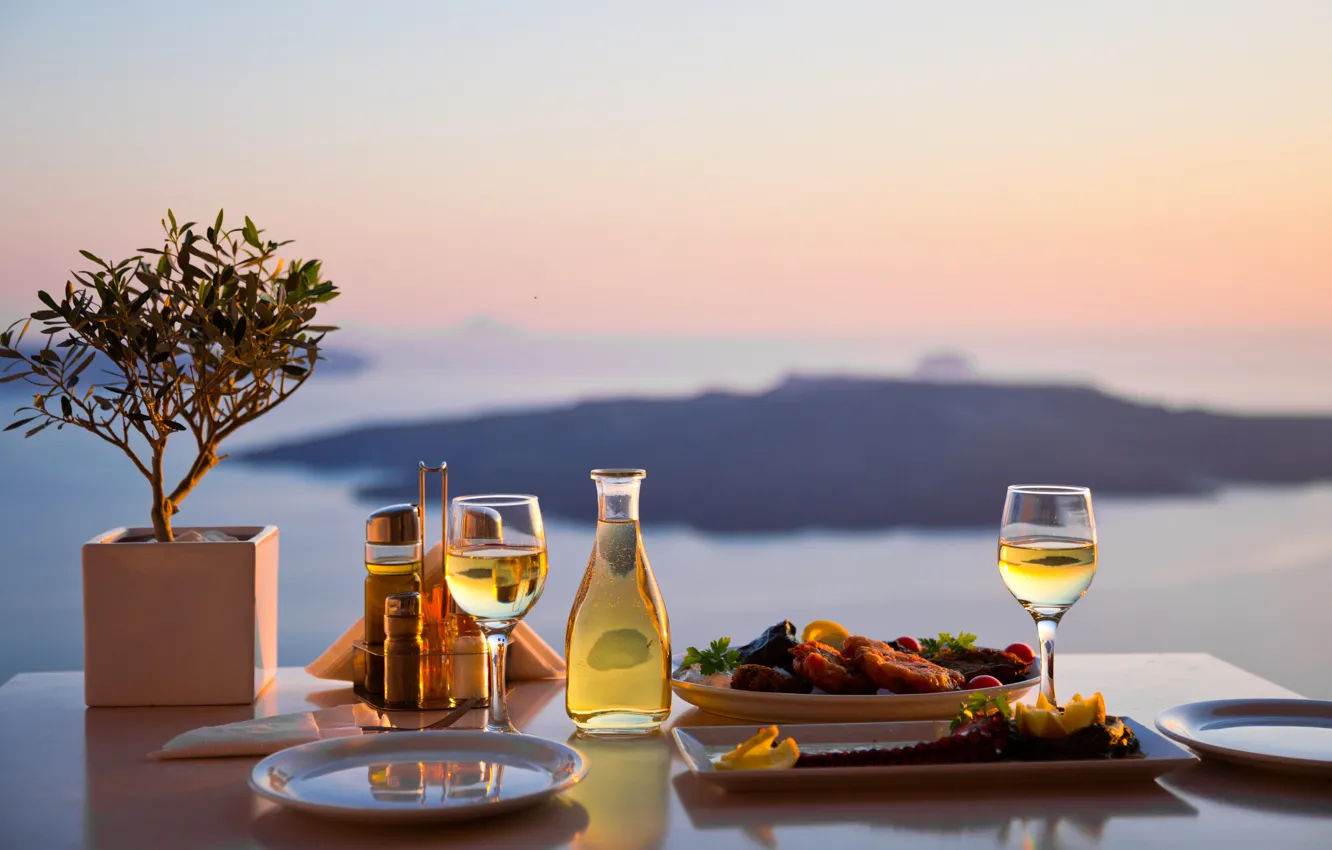 Photo wallpaper sea, landscape, table, glass, view, bottle, food, blur