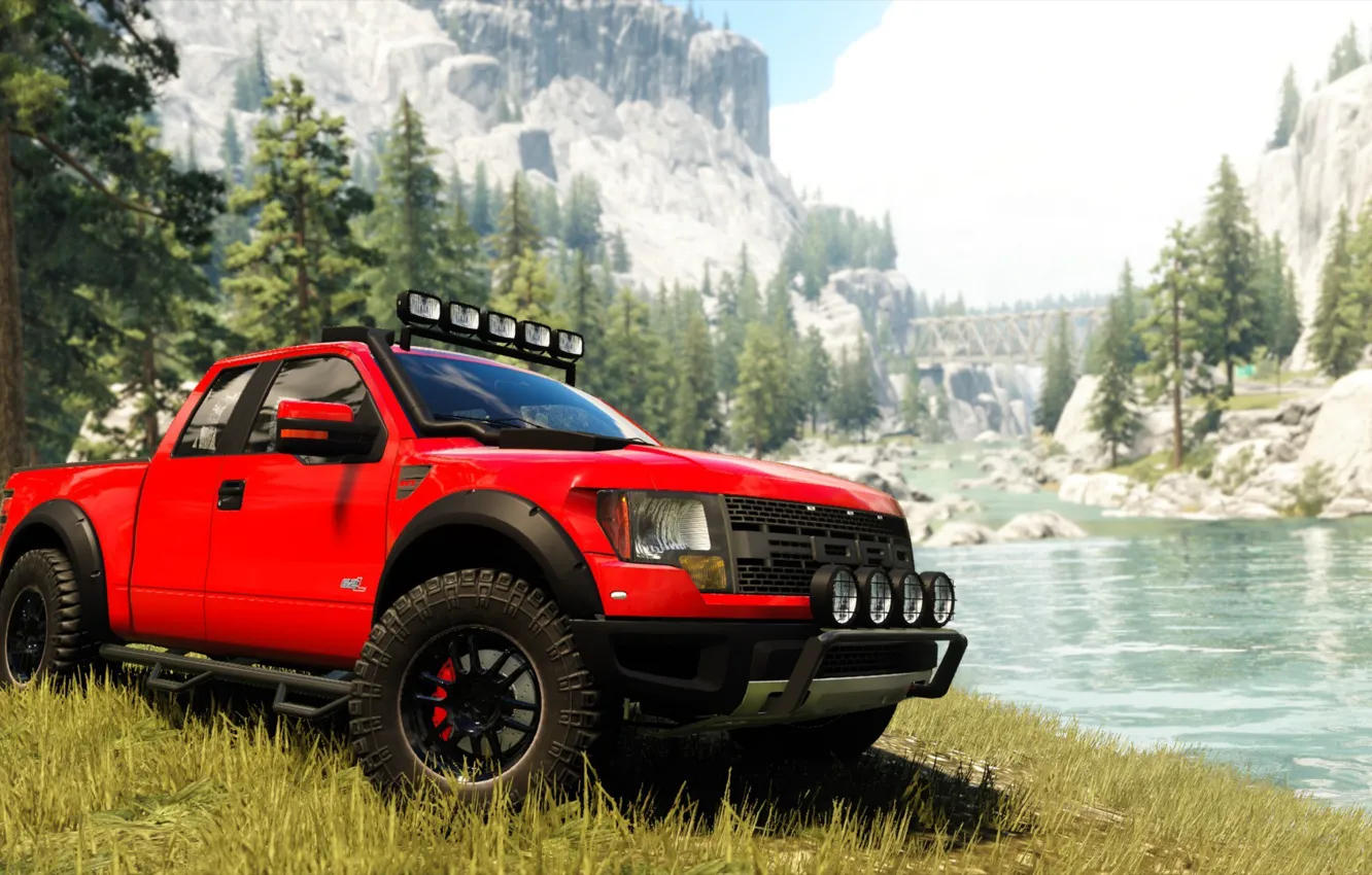 Photo wallpaper mountains, river, red, ford, on the shore, The Crew