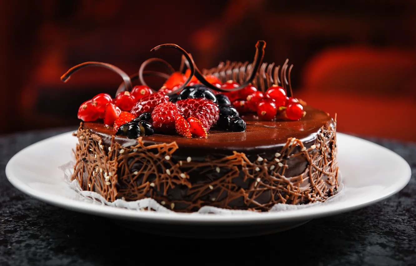 Photo wallpaper berries, raspberry, chocolate, blueberries, plate, cake, dessert, currants