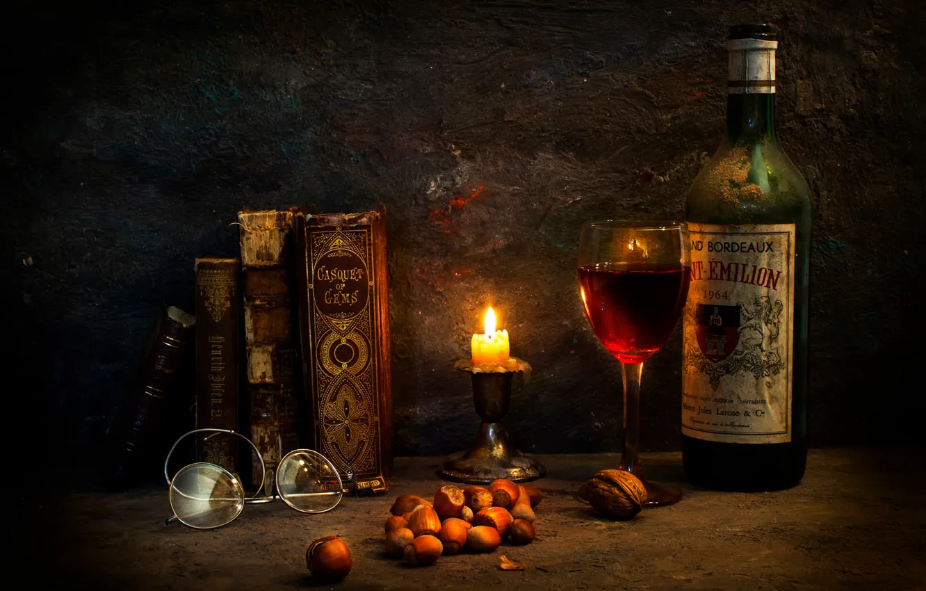 Photo wallpaper wine, books, candle, glasses, A special occasion