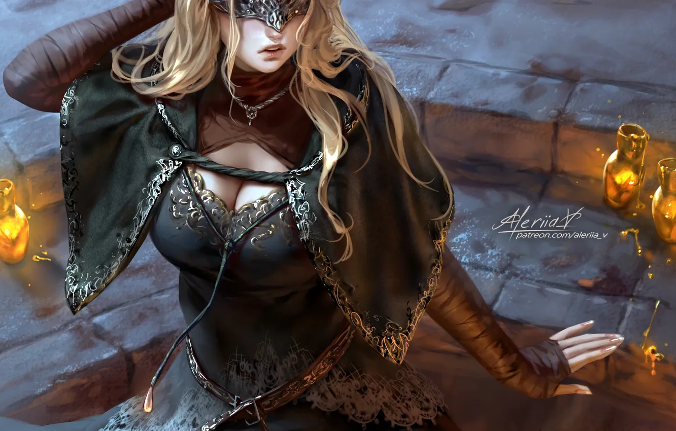Photo wallpaper girl, fantasy, cleavage, blonde, digital art, artwork, mask, fantasy art