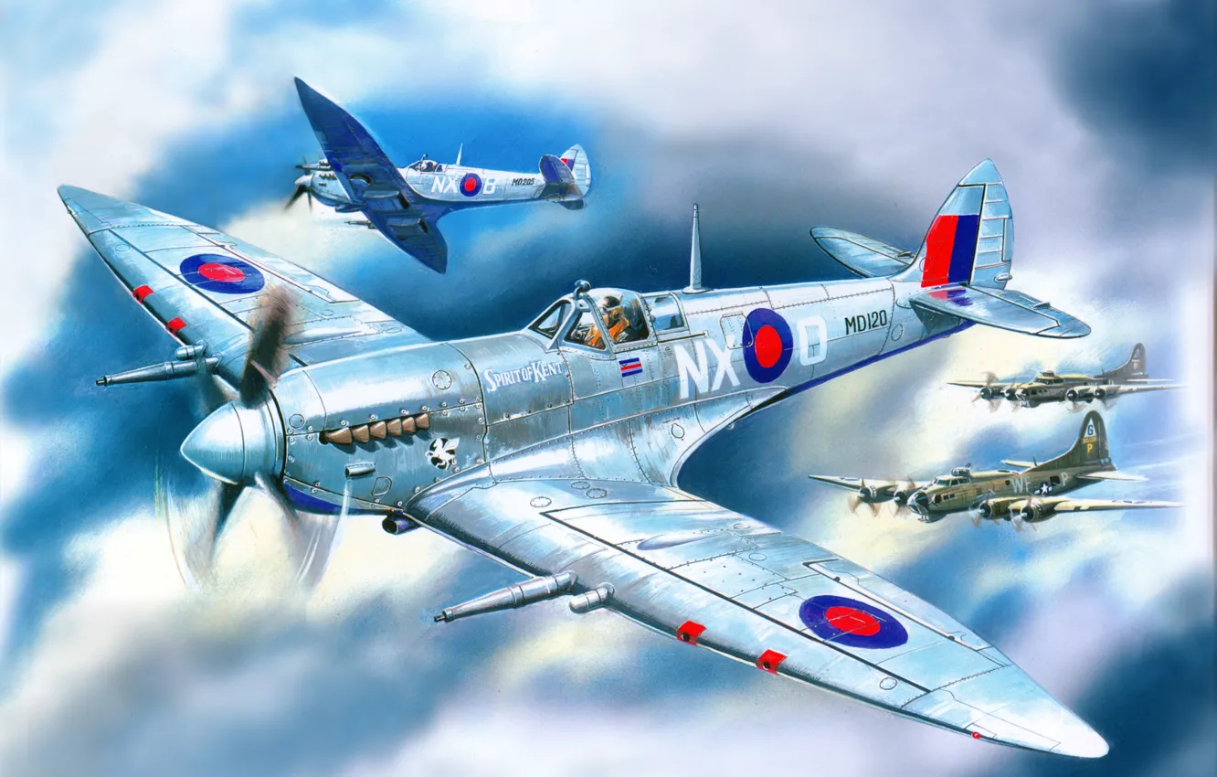 Photo wallpaper the sky, clouds, flight, figure, fighter, art, the plane, English