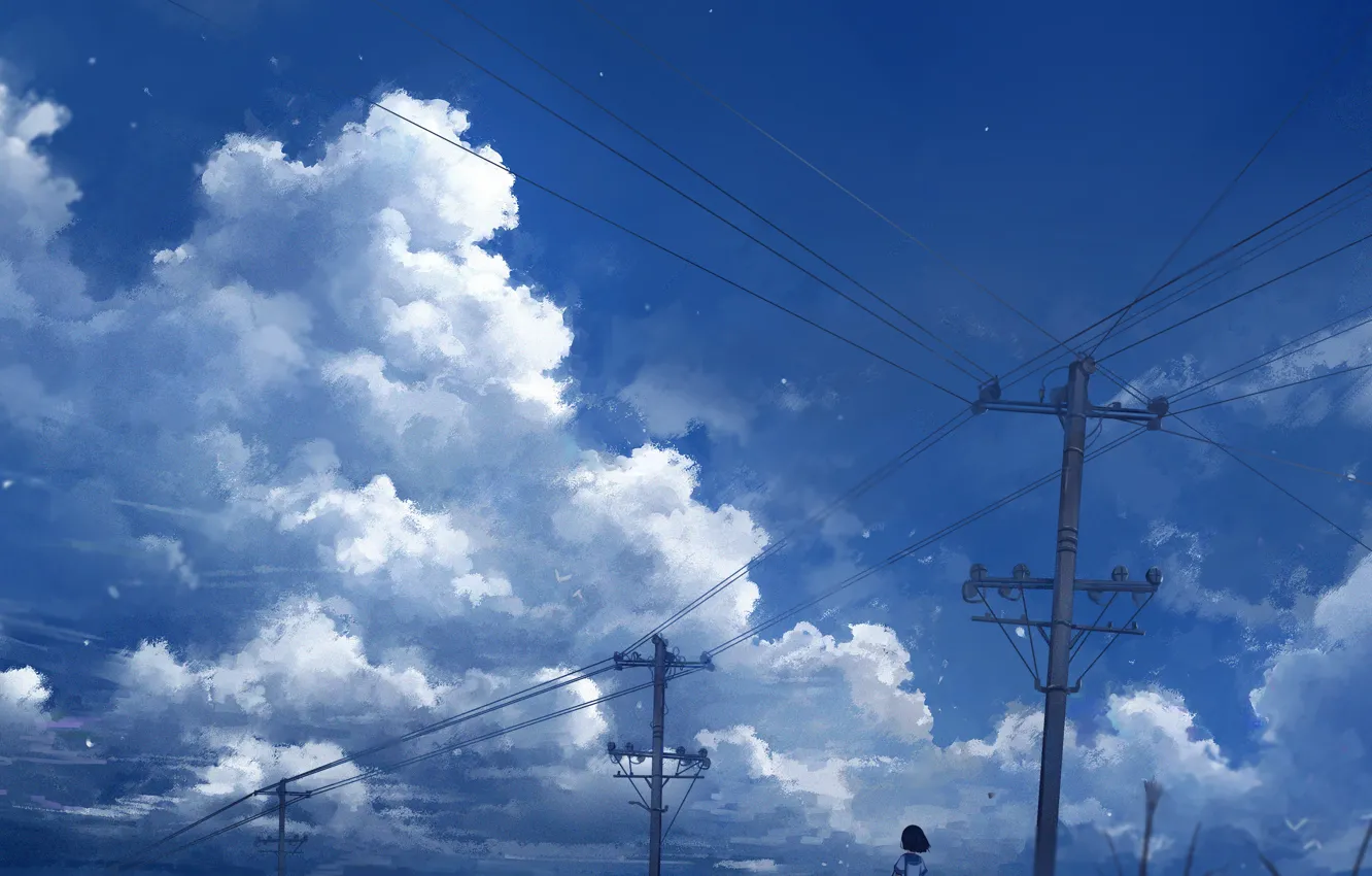 Photo wallpaper the sky, water, schoolgirl, power lines, Axle
