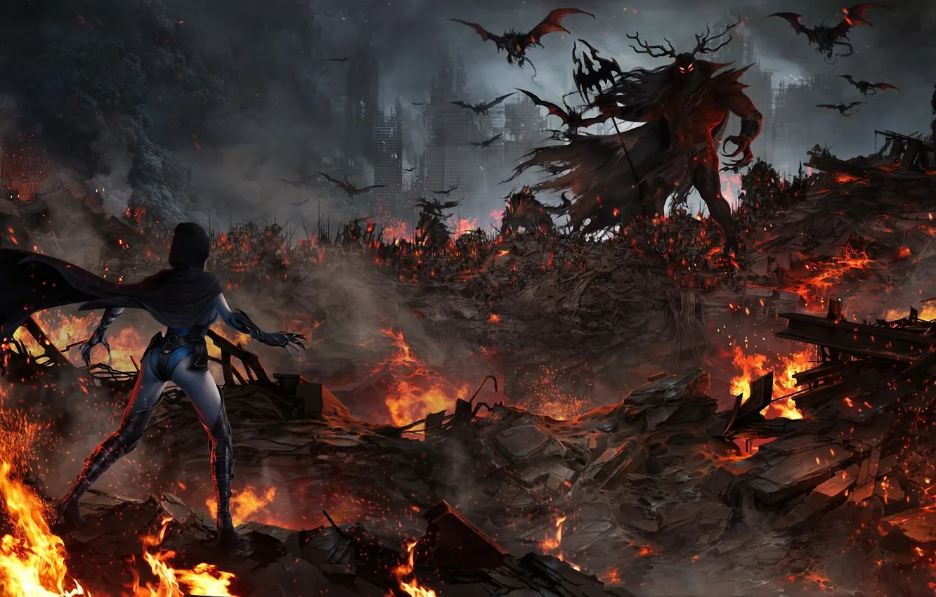 Photo wallpaper girl, the city, lights, monster, art, Raven, Injustice : Gods Among Us