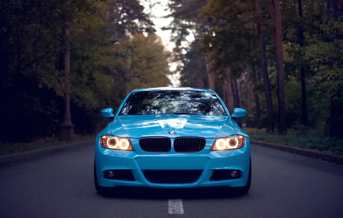 Photo wallpaper road, forest, BMW, Bmw, blue, front, headlights, 3 series