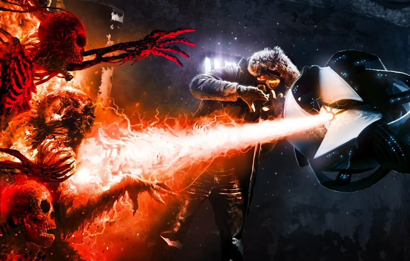 Photo wallpaper rays, people, art, glasses, jacket, skeleton, fur, romantically apocalyptic