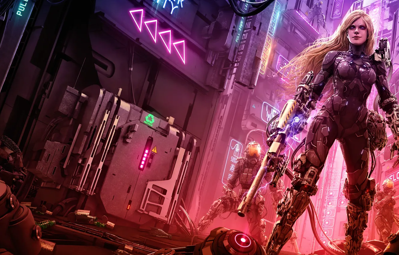Photo wallpaper art, neon, cyberpunk, women, blonde, cityscape, futuristic, futuristic armor