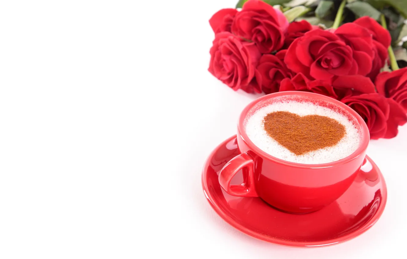 Photo wallpaper flowers, red, coffee, roses, bouquet, Cup, hearts, white background