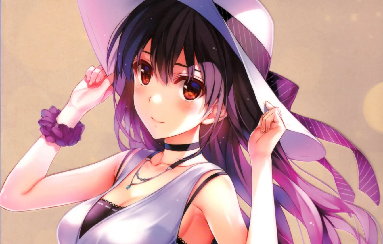 Photo wallpaper look, girl, hat, hands, tape, long hair, necklace, gum